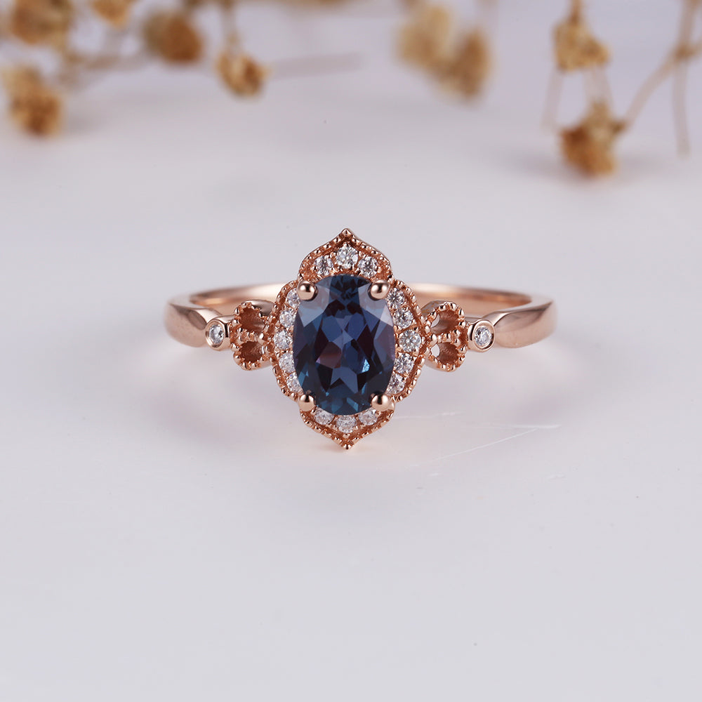 Vintage Alexandrite Engagement Band 14k18k Rose Gold Moissanite Wedding Ring Oval Cut Diamond Handmade Ring Bridal Wedding Valentine's Day