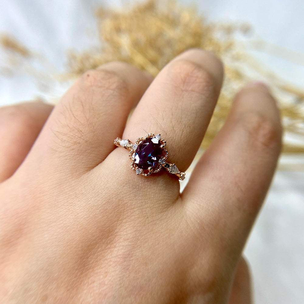 Vintage Alexandrite engagement band unique rose gold art deco moissanite rings half eternity milgrain ring antique anniversary promise gift