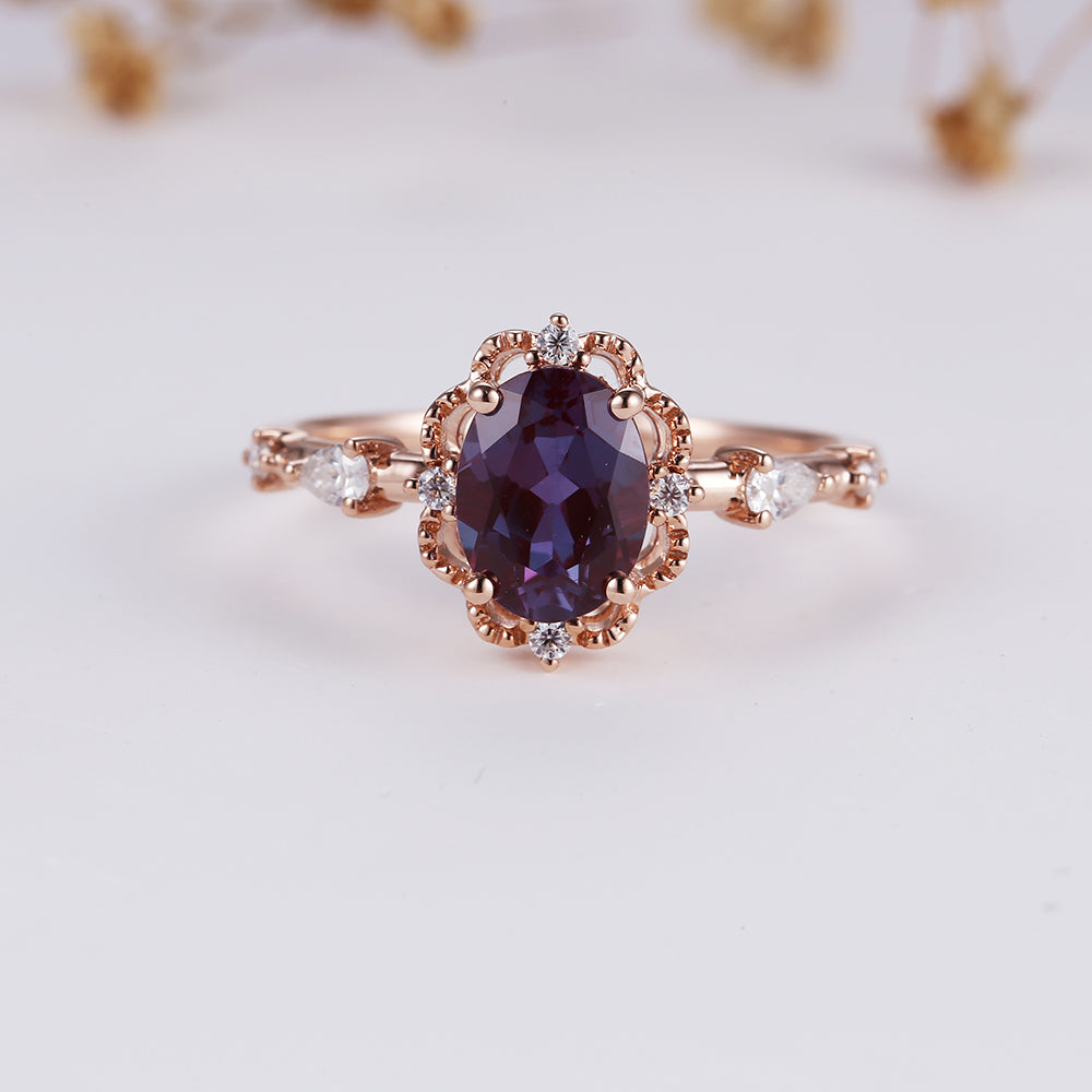 Vintage Alexandrite engagement band unique rose gold art deco moissanite rings half eternity milgrain ring antique anniversary promise gift