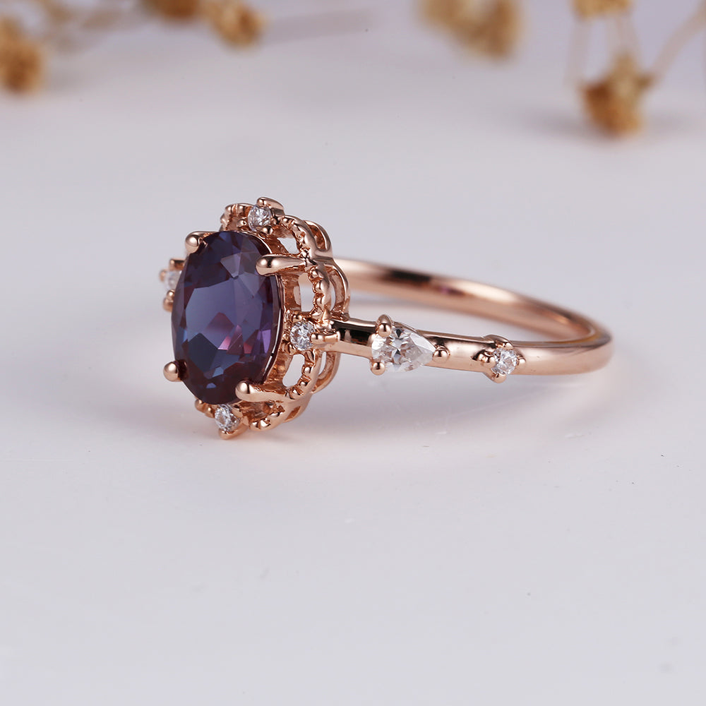 Vintage Alexandrite engagement band unique rose gold art deco moissanite rings half eternity milgrain ring antique anniversary promise gift