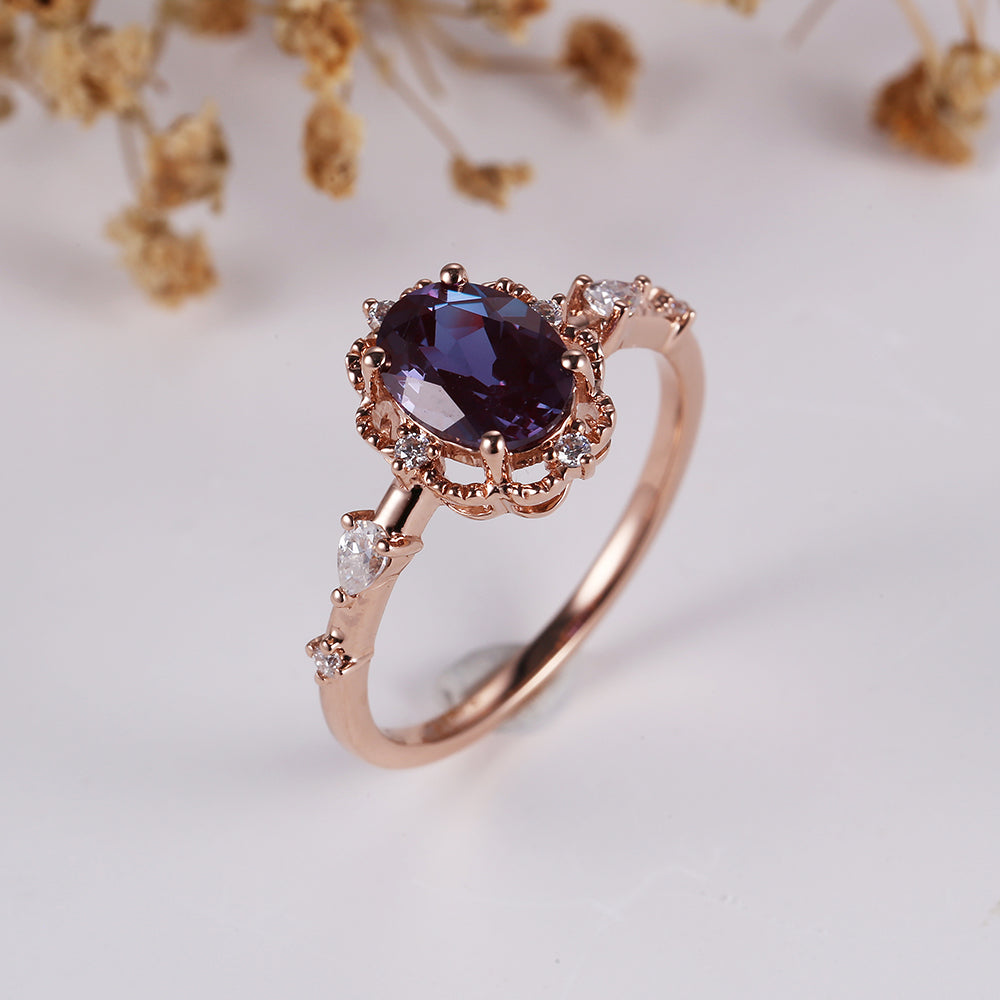 Vintage Alexandrite engagement band unique rose gold art deco moissanite rings half eternity milgrain ring antique anniversary promise gift